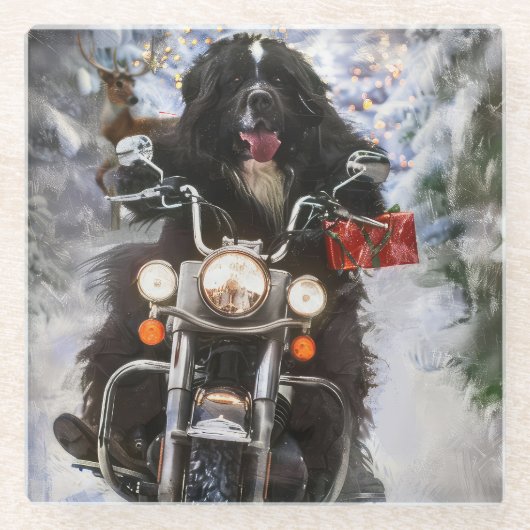 Neufundland Hunde reiten Motorrad Weihnachten Glasuntersetzer (Vorderseite)