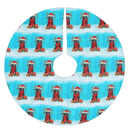 Neufundland im Schnee mit Weihnachtsgeschenken Polyester Weihnachtsbaumdecke (Vorderseite)