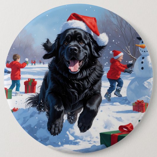 Neufundland läuft im Schnee mit Weihnachtshut Button (Vorderseite)
