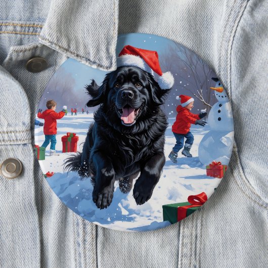 Neufundland läuft im Schnee mit Weihnachtshut Button (Beispiel)