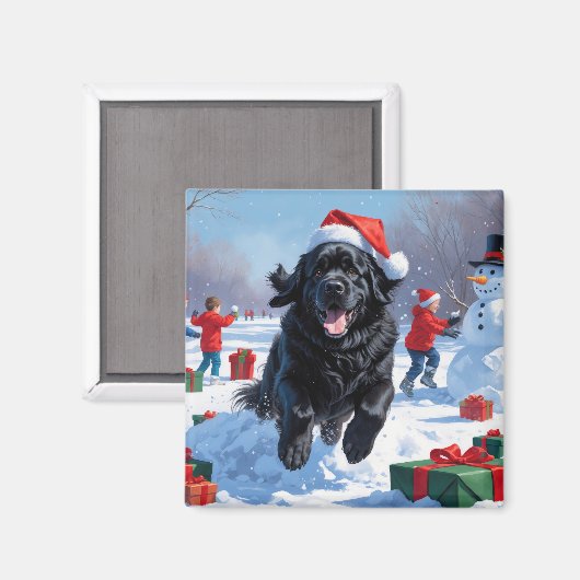 Neufundland läuft im Schnee mit Weihnachtshut Magnet (Vorderseite/Rückseite)