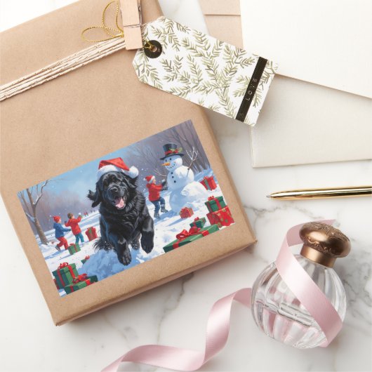 Neufundland läuft im Schnee mit Weihnachtshut Rechteckiger Aufkleber (Schenken)