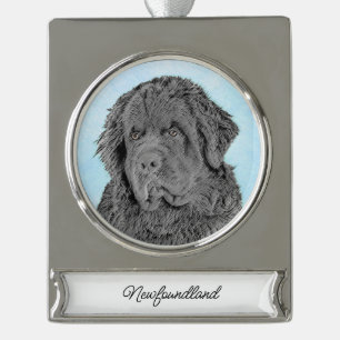 Neufundland Malerei - Niedliche Original Hunde Kun Banner-Ornament Silber