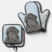Neufundland Malerei Schwarz Niedlich Original Hund Ofenhandschuh & Topflappen-Set (Vorderseite/Rückseite)