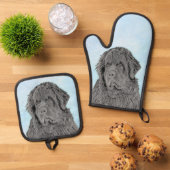 Neufundland Malerei Schwarz Niedlich Original Hund Ofenhandschuh & Topflappen-Set (Oben Unten)