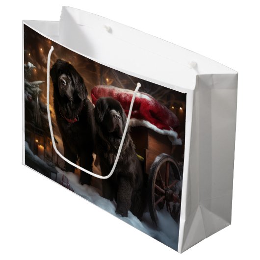 Neufundland Snowy Sleigh Weihnachtsdekor Große Geschenktüte (Vorderseite Schrägansicht)