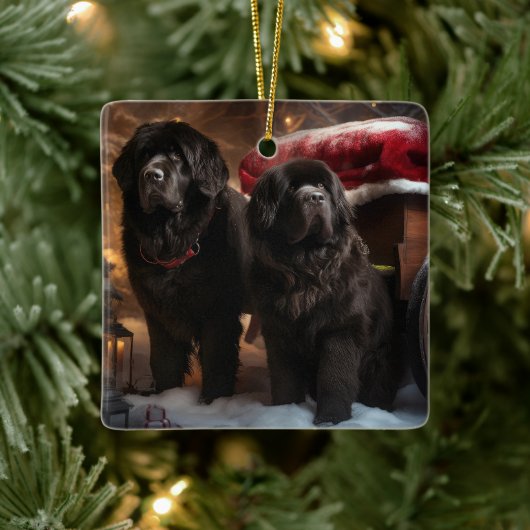 Neufundland Snowy Sleigh Weihnachtsdekor Keramikornament (Baum)