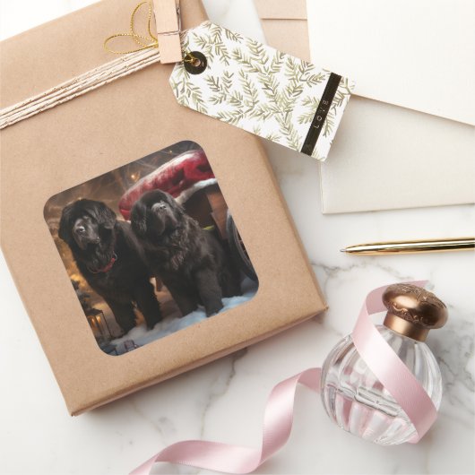 Neufundland Snowy Sleigh Weihnachtsdekor Quadratischer Aufkleber (Schenken)