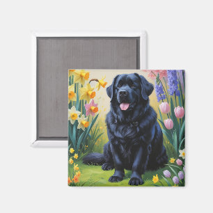 Neufundländer-Hund Frühlingsblumen Gemälde Magnet