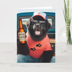 Neufundländer mit Bier auf der Ladefläche des Pick Dankeskarte