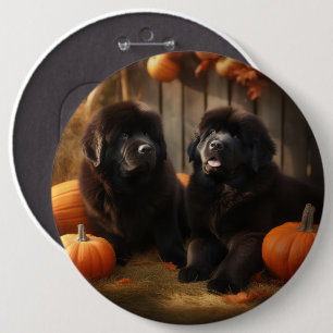 Neufundländer-Welpe Herbstvergnügen Kürbis Button