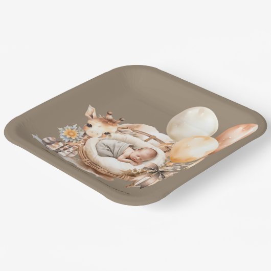 Neugeborene Erde Tone Giraffe Balloons Babydusche Pappteller (Gewinkelt)