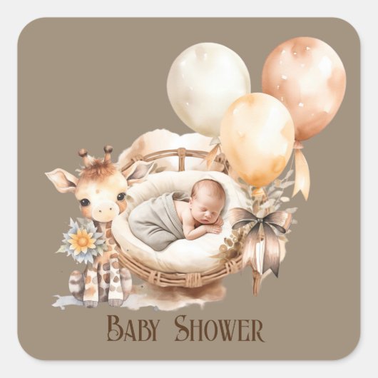 Neugeborene Erde Tone Giraffe Balloons Babydusche Quadratischer Aufkleber (Vorderseite)