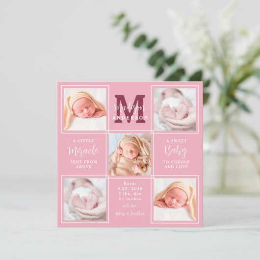 Neugeborene Personalisiert 5 Foto Rosa Geburt Ankündigung (Stehend Vorderseite)