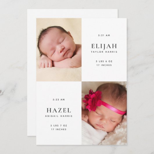 Neugeborene Twins 2-seitige Geburt-Ankündigung des Einladung (Vorne/Hinten)