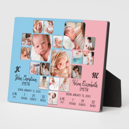 Neugeborene ZwillingsBaby Stats Foto Collage Monog Fotoplatte (Seite)