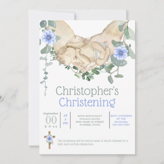 Neugeborener schlafend in Händen Eukalyptus Einladung (Vorderseite)