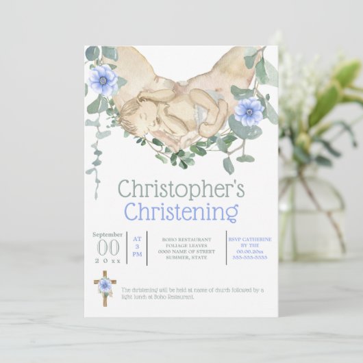 Neugeborener schlafend in Händen Eukalyptus Einladung (Stehend Vorderseite)