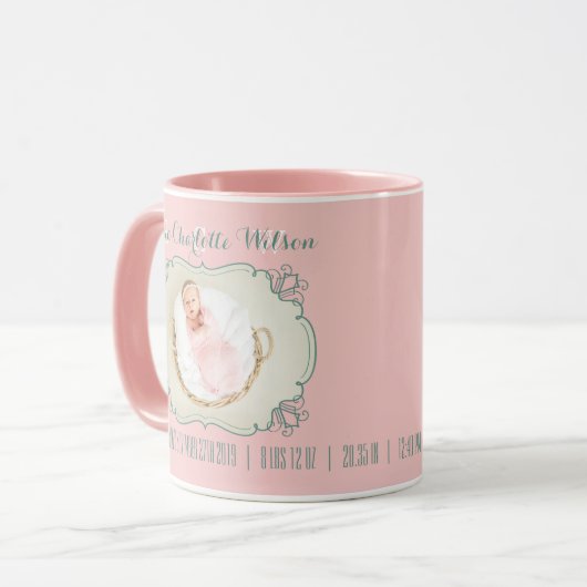 Neugeborenes Baby-Foto-Monogramm erröten rosa Tasse (Vorderseite Links)