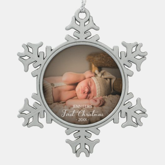 Neugeborenes First Christmas Custom Foto Schneeflocken Zinn-Ornament (Vorderseite)