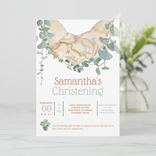 Neugeborenes in Händen boho eucalyptus grün inv Einladung (Stehend Vorderseite)