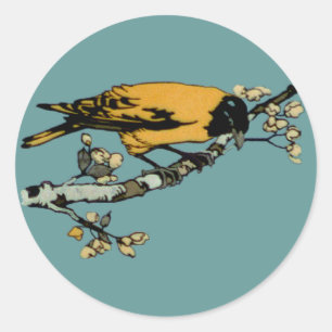 Neugestaltung der gelben Vintage-Vogelillustration Runder Aufkleber