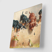 Neugierige Dackel Welpen und Frosch Quadratische Wanduhr (Winkel)