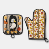 Neugierige Ducklings und Herbstleppmuster Ofenhandschuh & Topflappen-Set (Vorderseite)