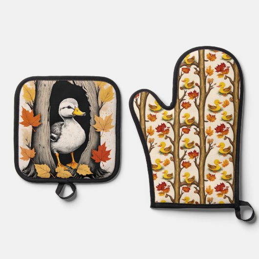 Neugierige Ducklings und Herbstleppmuster Ofenhandschuh & Topflappen-Set (Vorderseite)