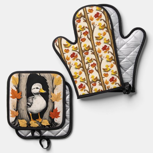 Neugierige Ducklings und Herbstleppmuster Ofenhandschuh & Topflappen-Set (Vorderseite/Rückseite)