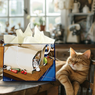Neugierige getigerte Katze Einkaufstasche Blau Süß Große Geschenktüte