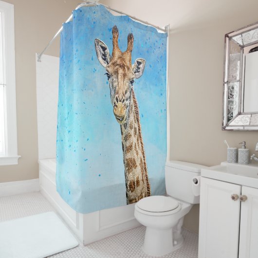 Neugierige Giraffe mit Blue Confetti Sky Duschvorhang (Beispiel)