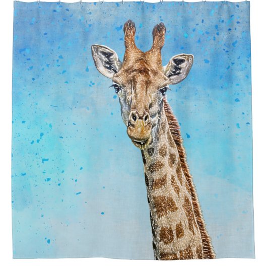Neugierige Giraffe mit Blue Confetti Sky Duschvorhang (Vorderseite)
