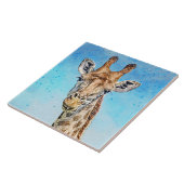 Neugierige Giraffe mit Blue Confetti Sky Fliese (Seite)