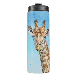 Neugierige Giraffe mit Blue Confetti Sky Thermosbecher