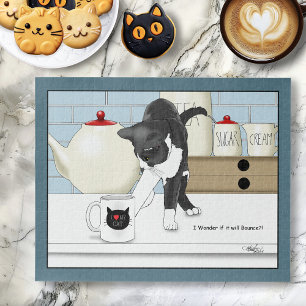 Neugierige Graue Weiße Katze Lustiger Teebecher Kü Puzzle