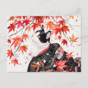 Neugierige Kätzchen im Herbst Blätter in chinesisc Postkarte