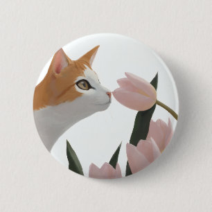 Neugierige Katze Frühlingsblumen Button