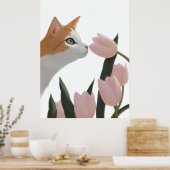 Neugierige Katze Frühlingsblumen Poster (Küche)