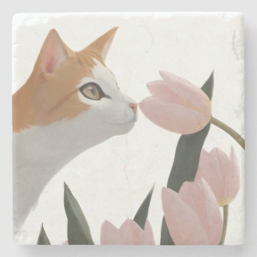 Neugierige Katze Frühlingsblumen Steinuntersetzer (Vorderseite)