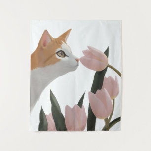 Neugierige Katze Frühlingsblumen Wandteppich