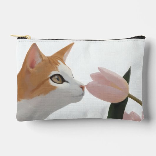Neugierige Katze Frühlingsblumen Zubehörtasche (Vorderseite)