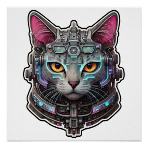 Neugierige Katze in einem Cyber-Helm Poster