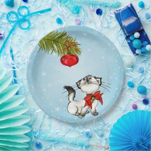 Neugierige Katze in einem roten Weihnachtsjunge Pappteller (Party)