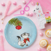 Neugierige Katze in einem roten Weihnachtsjunge Pappteller (Party)