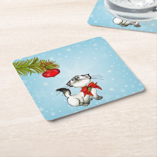 Neugierige Katze in einem roten Weihnachtsjunge Rechteckiger Pappuntersetzer (angewinkelt)