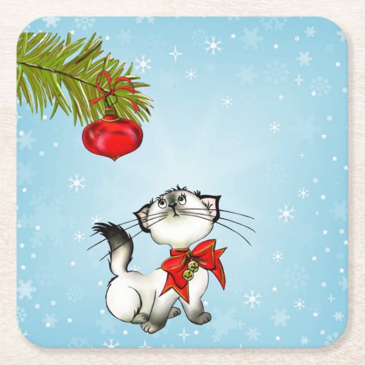 Neugierige Katze in einem roten Weihnachtsjunge Rechteckiger Pappuntersetzer (Vorderseite)