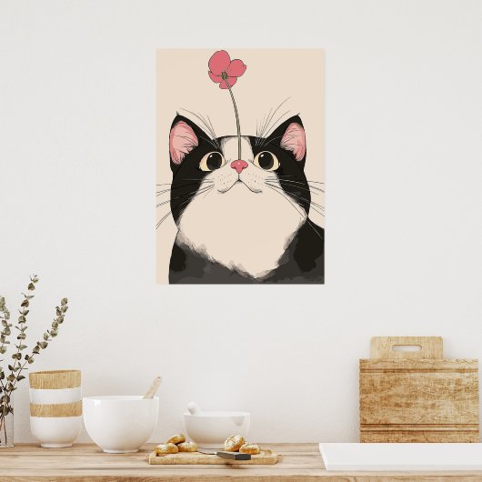 Neugierige Katze mit Blume Poster (Küche)