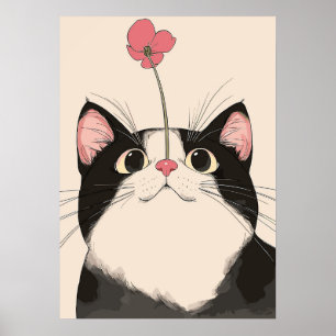 Neugierige Katze mit einer Blume Poster