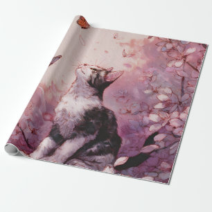 Neugierige Katze mit goldenen Augen und rosa Blüte Geschenkpapier